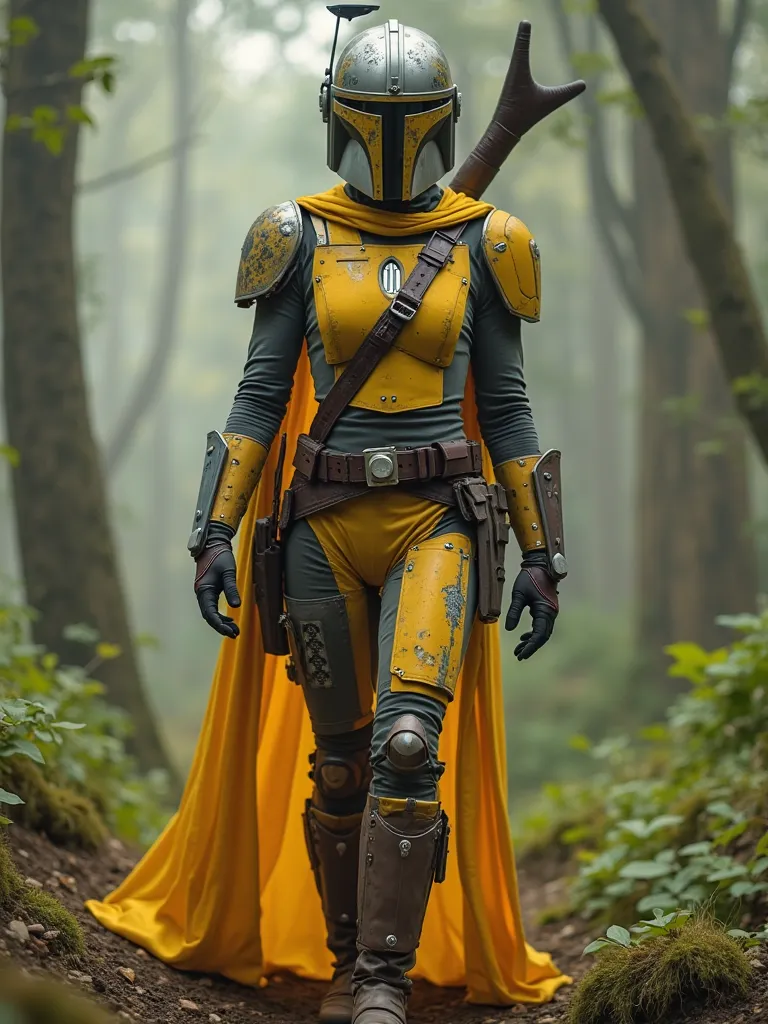 , Live action Disney Princess Bell as a female Mandolorian bounty hunter stylized in her colors yellow and gold trim, full helmet customized patterns, Star Wars, on a planet Endor wooded area 