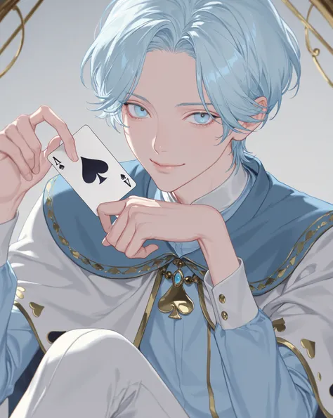 solo, looking at viewer, smile, short hair, long sleeves,holding, 1boy, light blue eyes, parted bangs, jewelry,bishounen,skinny,lips,portrait, sitting,cape,capelet, male focus, light blue hair,playing card holding, spade (shape),