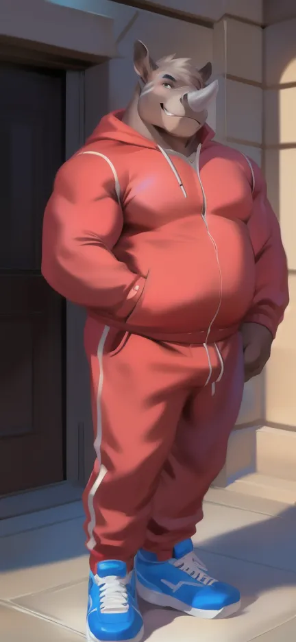 Solo, male Tall​ ,huge​ body​,​ standing​ ,den ,rhino bear​,pink Tracksuit soldier , Wear combat shoes, overweight, muscular, Smirking ​, by chunie