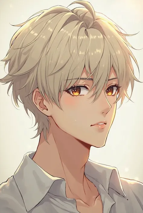 An anime guy, platinum blonde hair, brown eyes, fair skin, lean, pretty face, adult male