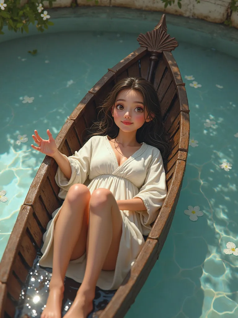 Best quality, masterpiece, highly detailed, disney-pixar style, 1girl, princess, 20yo, alert and intelligent, tall, eye contact, fiercely noble, deep and wet hair, wet body, soft light, 6 AM, lying on her back with her knees high, one leg in the water, her...