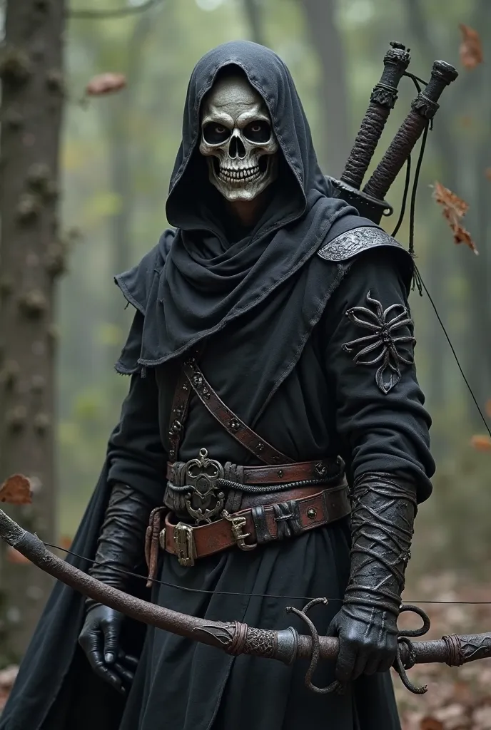 Create a semi-elf, with a black skull mask,  with two short swords in the back and they are notorious and a long bow in the hand, accompanied by a piece of scales, without black clothes and that their half-elf features are visible, 