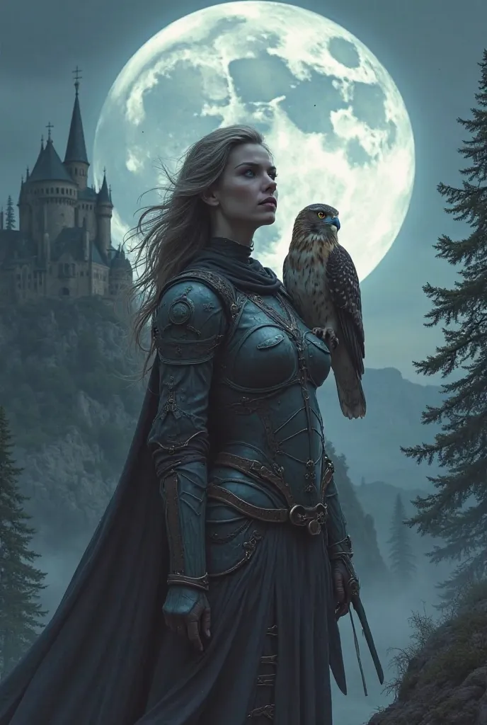 A warrior woman stands confidently in a moonlit landscape wearing futuristic armor and a tight-fitting tunic She has a determined expression with a hawk perched on her shoulder. The background features a crumbling castle on a cliff surrounded by pine trees...