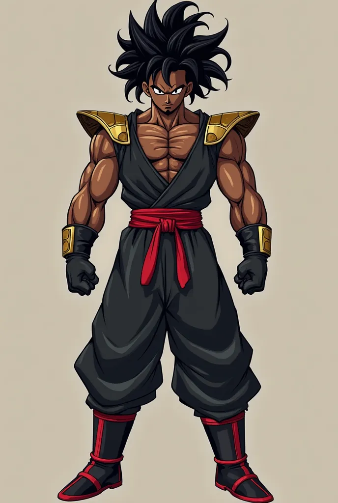 Create a image of a African American dragon ball Z character with black Free-form dreads and a black chin goatee and his suit is a black ninja suit with a red belt gloves and boots and eyes and armor plate on his shoulders thighs mid arm and calfs and the ...