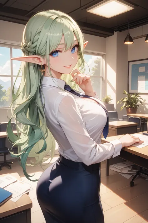  best quality, ultra detailed,8k,(back View)stick out butt,Smile,(elf)(elf),( head to chest),(green hair,long hair,blue eyes,beautiful detailed eyes,),(large cleavage),break,business suit ,Meeting Room,indoor,spot light,desk1:1