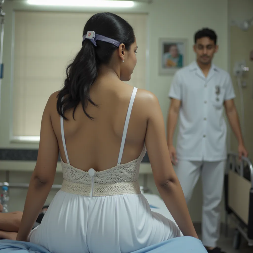 Srilankan nurse lady hospital bed room and visible her pale brown soft bra and she is seeing on viewer,((milf hanging breasts,)),she is wearing soft white knee length skirt,sitting on old indian  hospital bed, boy standing near the her,boy watching to nurs...