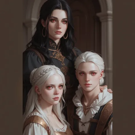 Two beautiful ethereal albino targaryen twins woman and men, and a black haired beautiful noble woman woman with black hair and red eyes, the black haired woman and the man are taller than the white haired young woman, medieval clothes and setting, attract...