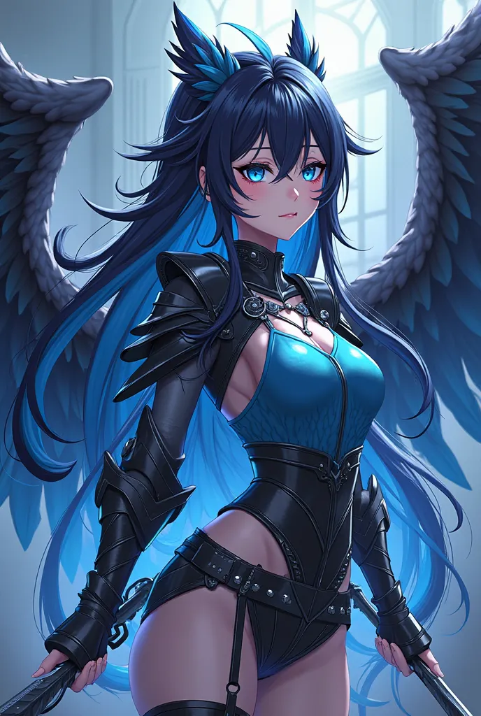 (maximum quality, best quality arms,  official art , beautiful and aesthetic :1.2)  anime girl , Crow wings on the back,  blue eyes, long spiked hair in flaming blue and black, blue blouse, black and blue armor holding two daggers.
