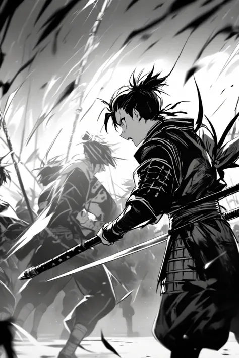  Anime in black and white , Terrifying young samurai with a javelin, standing sideways 