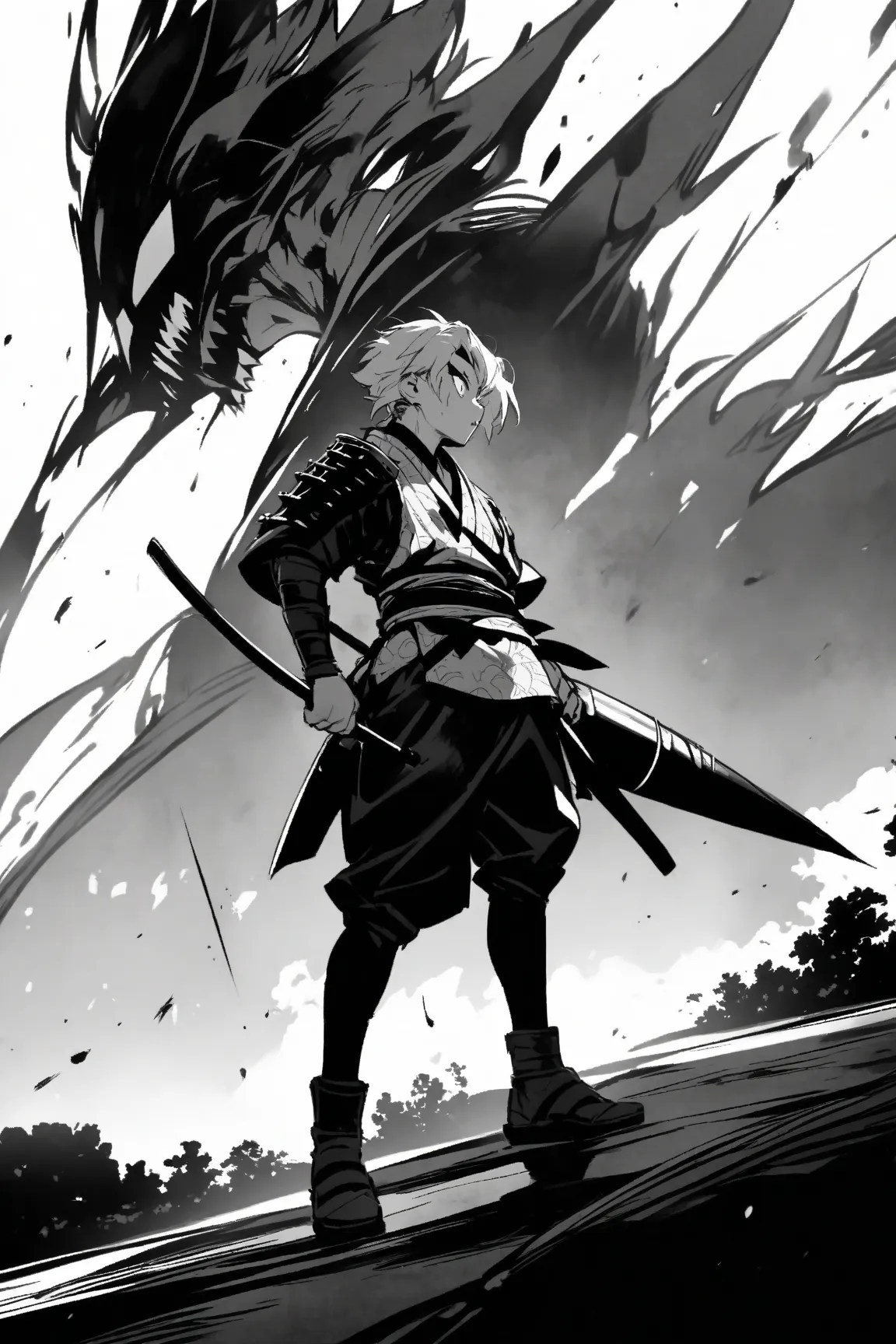  Anime in black and white , Terrifying young samurai with a javelin, standing sideways 