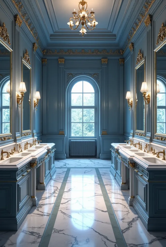 Large school bathroom, colors are rich blue, gray and white, fancy, rich