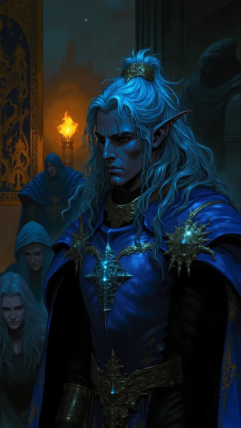 Hélion's Elf Oath in the Sea Hall
(angle: Close-up — Dramatic lighting, shadows cut by the glow of the torches)
The flames of the lamps dance in Hélion's eyes as he stands before the Council. The light on your navy-blue armor makes your chest appear shimme...