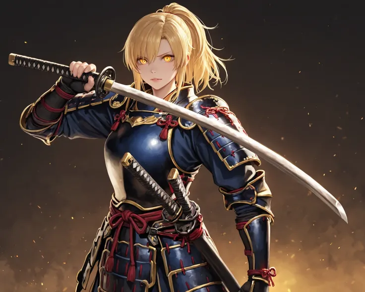 Scary-looking female warrior with golden and blond eyes in fantasy samurai armor and holding a sword katana