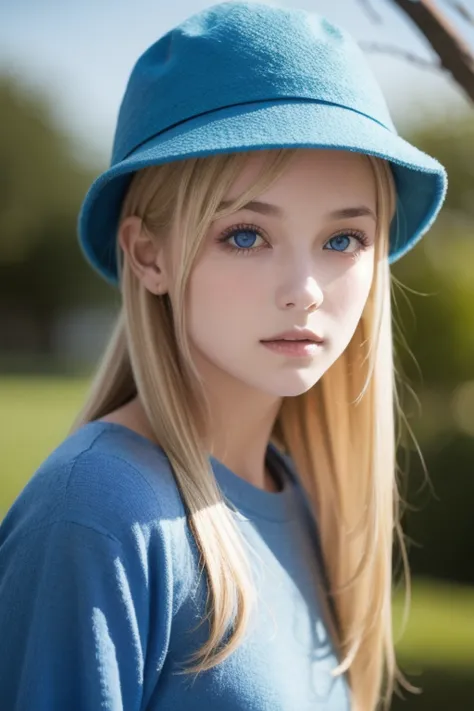  portrait of a blond girl in a blue hat and blue shirt