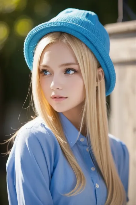  portrait of a blond girl in a blue hat and blue shirt