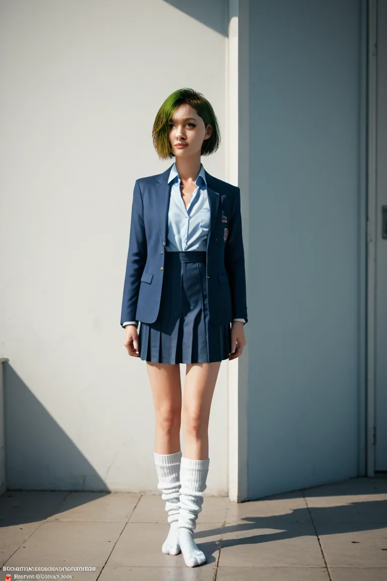 _Judy AA , nudes,Feminization, slender figure,Woman with short green hair and orange eyes,
, chest,break, skirt,  shirt,  Long Sleeve,  school uniform,  jacket, blazer,Long loose socks
