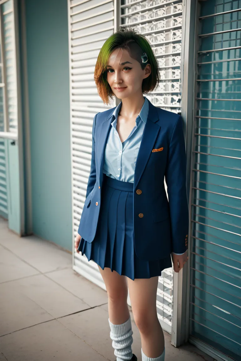 _Judy AA , nudes,Feminization, slender figure,Woman with short green hair and orange eyes,
, chest,break, skirt,  shirt,  Long Sleeve,  school uniform,  jacket, blazer,Long loose socks
