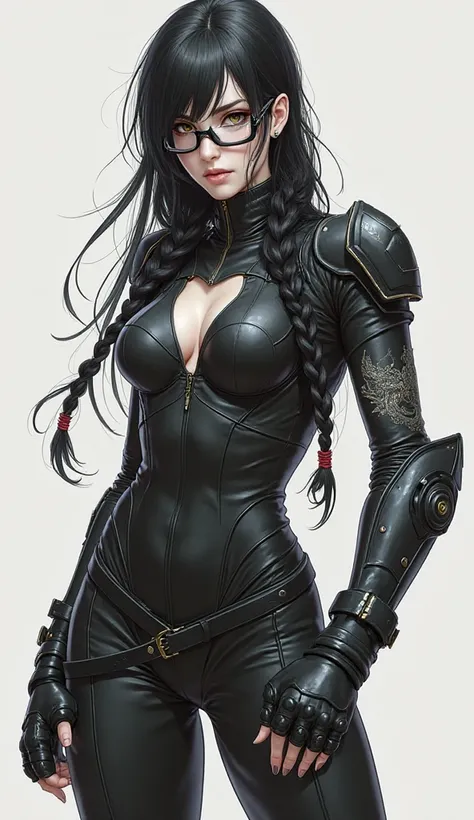  Woman,   with long black hair  ,  white skin,  boxer braids ,   dark glasses, defined body with neckline and a dragon tattoo on the arm,  dressed in a black bodysuit,  elbow pads and knee pads , motorbike gloves   , black pants and boots ,   fighting posi...