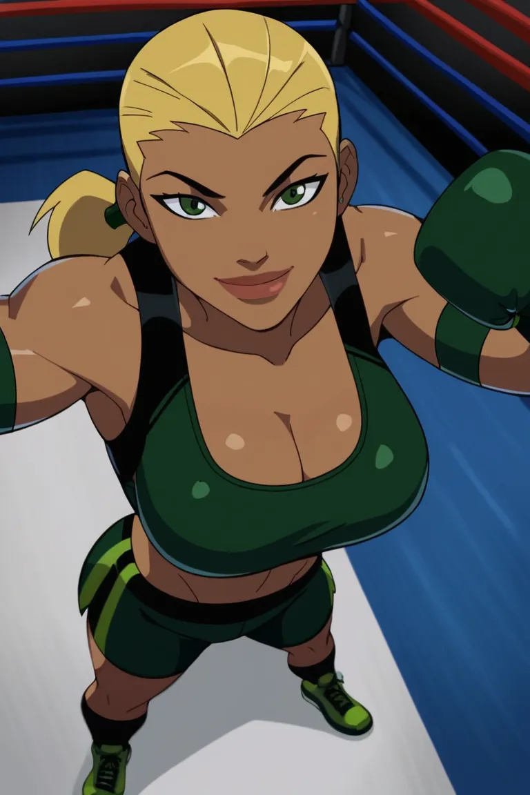 score_9, score_8_up, score_7_up, source_cartoon,artemis, blonde hair, ponytail, big lips, dark skin, large breasts, jade green sports bra, jade green boxing shorts, jade green boxing gloves, BREAK standing, smile, closed mouth, confident expression, lookin...