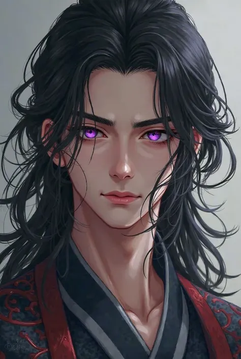 He designed the character of a 27-year-old boy with long black hair, purple eyes, and a handsome, attractive and confused face wearing a huanfo