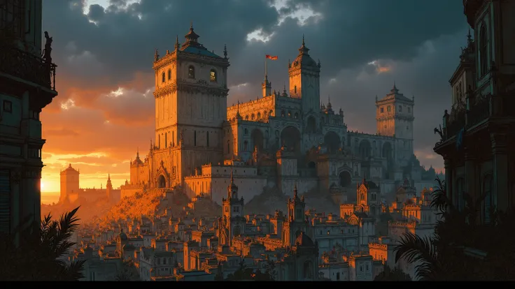 (angle: Wide shot — Epic tone, contrast between the evening light and the grandeur of the fortress)
The last rays of the sun dye the towers of Fortaleza Azul with shades of copper and blood. Its walls of alabaster and marble shine like a bastion of hope, B...