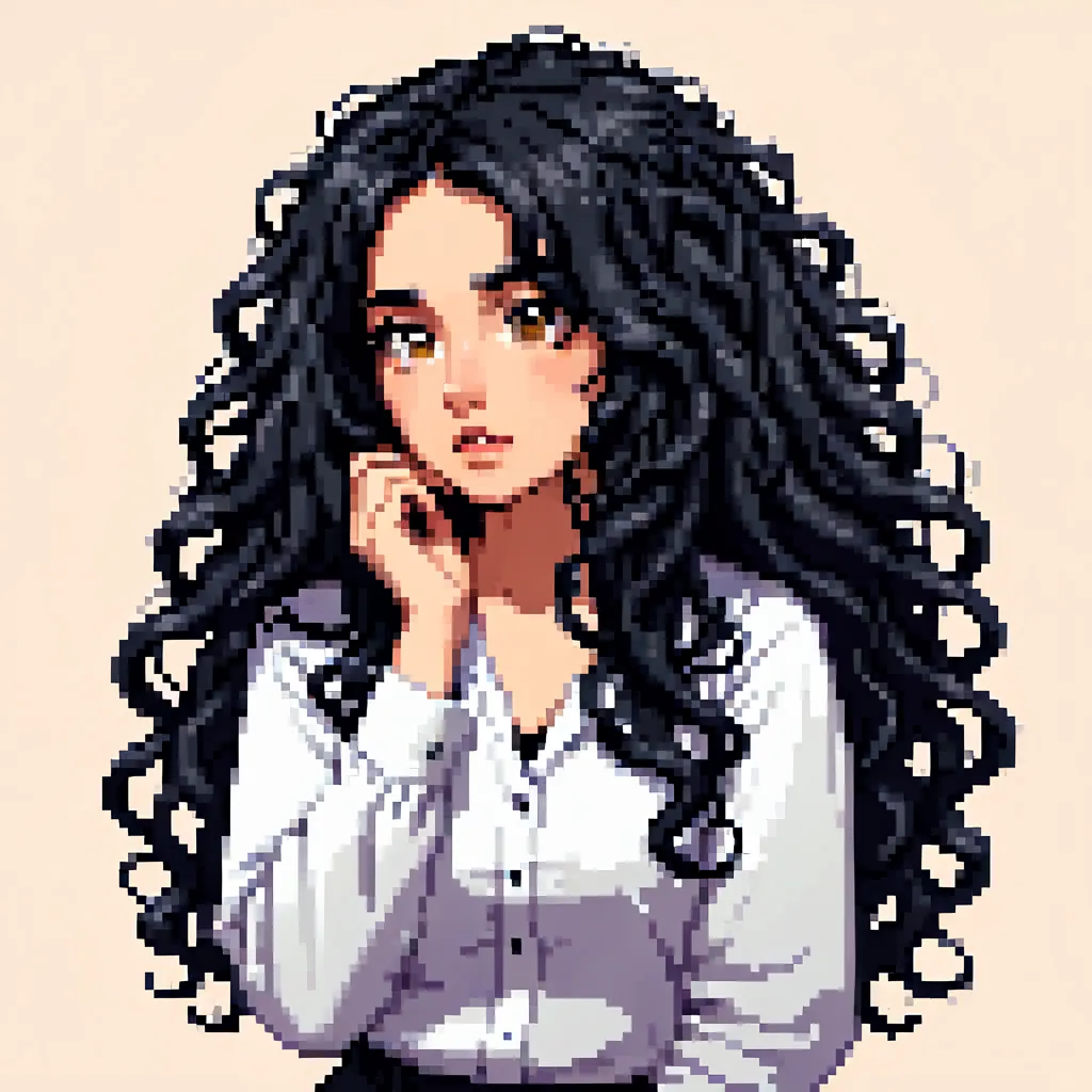 woman with long black curly hair, expression of boredom