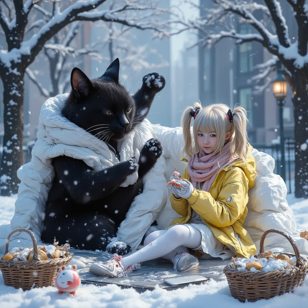 score_9,score_8_up,score_7_up,score_6_up,score_5_up,score_4_up,source_real photo,Ultra-realistic,Photorealistic,Ultra-realistic,Photorealistic,Dramatic Scene, Global Illumination, A huge black cat and a girl about are playing in the snow in a snowy city pa...