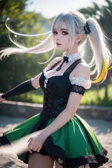 ( 1 girl),gothic, twin tails,White Hair,,Gorgeous and elaborate clothes,gothic,  flying, green, ( colorful ), Bold,  Gradient Blend,  motion blur ,  Sparkling Textures ,   dynamic composition,  atmospheric perspective ,  impressionistic , , (masterpiece), ...