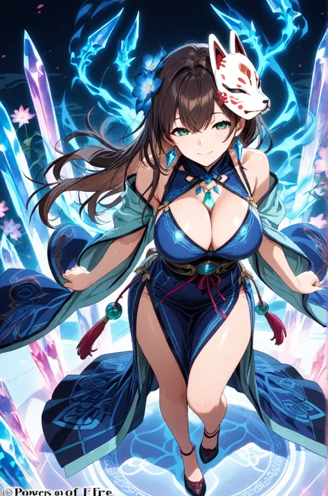  a girl, masterpiece,   breasts, big breasts,  Crystal earrings, Powers of Fire and Earth  , fox mask, Flower on the head, full body,  smile ,  Dragons on the back, green eyes , mischievous look, Brown hair,  long hair 