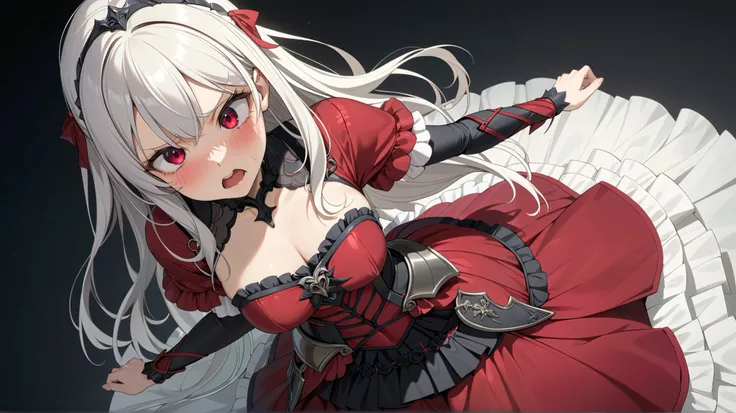 (TOP QUALITY,  masterpiece,  super precise, high definition), 8k,  Anatomically Accurate Body ,  anime girl wearing nice armor has long white hair、 wearing a nice dress, Change in dress, Nightcore, red dress,  Gothic Maiden anime girl , White-haired goddes...