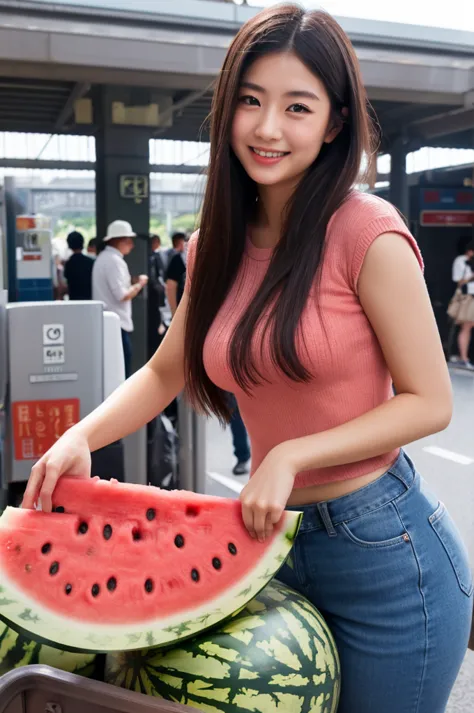 :masterpiece,best quality,4k,Fmele beautiful Japanese 20Years-old women,Inside a Japanese station, in the morning,location of Japan tokyo shibuya,during rush hour, a large crowd of people, a woman holding up a Uncut watermelon with few seeds in front of th...