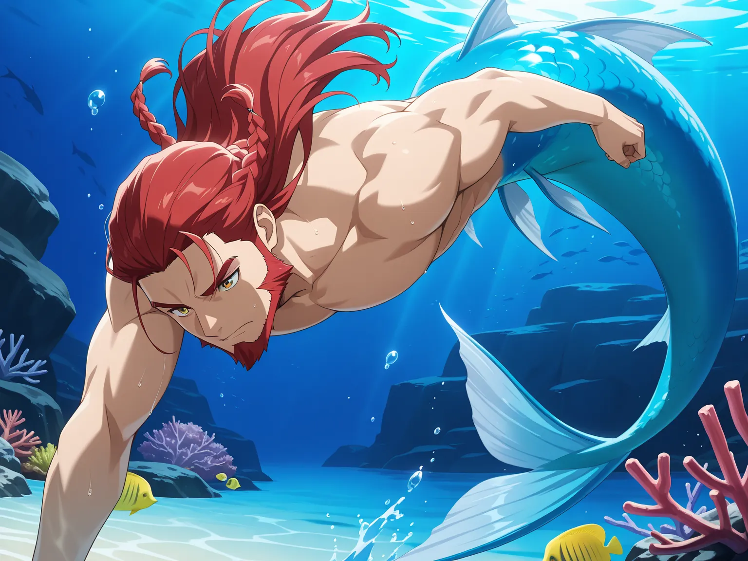 (ultra quality:1.2), anime enhancement, (artistic masterpiece:1.3), hyper-detailed shading, cinematic composition, perfect lighting, (very detailed face:1.5), safe, anime screencap, Theme: Diving into the Water, male focus, red hair, long hair, braid, bear...