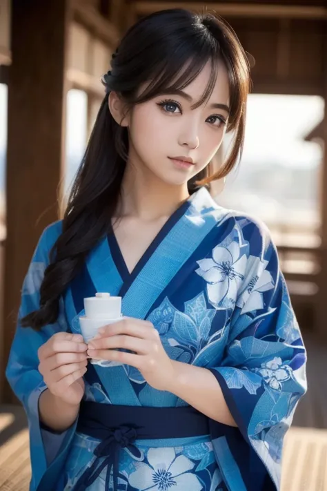 ((Masterpiece, top quality, Ultra Fine, high definition )), Alone, beautiful girl , Eyeliner, perfect eyes, , blue theme, yukata, firework