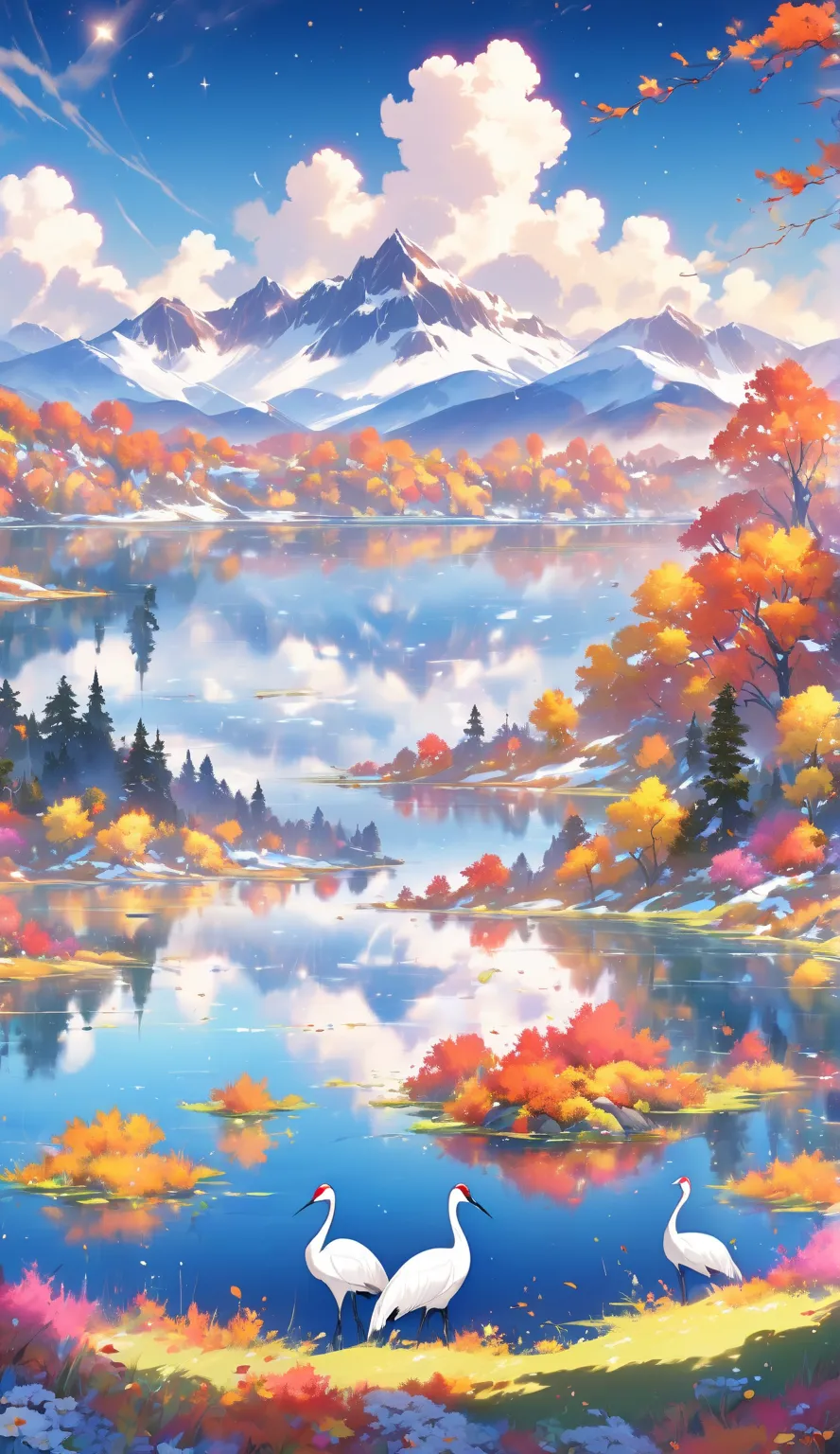 Animated, exquisitely detailed, colors are bright and deep, pastel and dramatic, bright and colorful background. A breathtaking morning. Looking out over a tranquil flower field. Vibrant wildflowers bloom in the foreground, and snow-capped mountains can be...