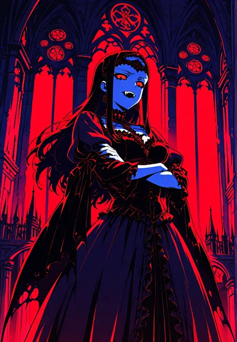 ((Rostro)) ((Chica vampiro))((primer plano)),  goth make-up, showing her fangs, agresiva, crossed arms, cumbre de iglesia. Background: CATHEDRAL, Dark atmosphere, red light