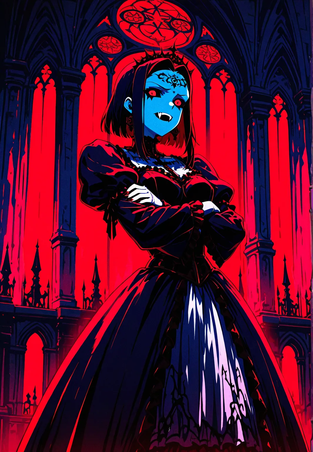 ((Rostro)) ((Chica vampiro))((primer plano)),  goth make-up, showing her fangs, agresiva, crossed arms, cumbre de iglesia. Background: CATHEDRAL, Dark atmosphere, red light