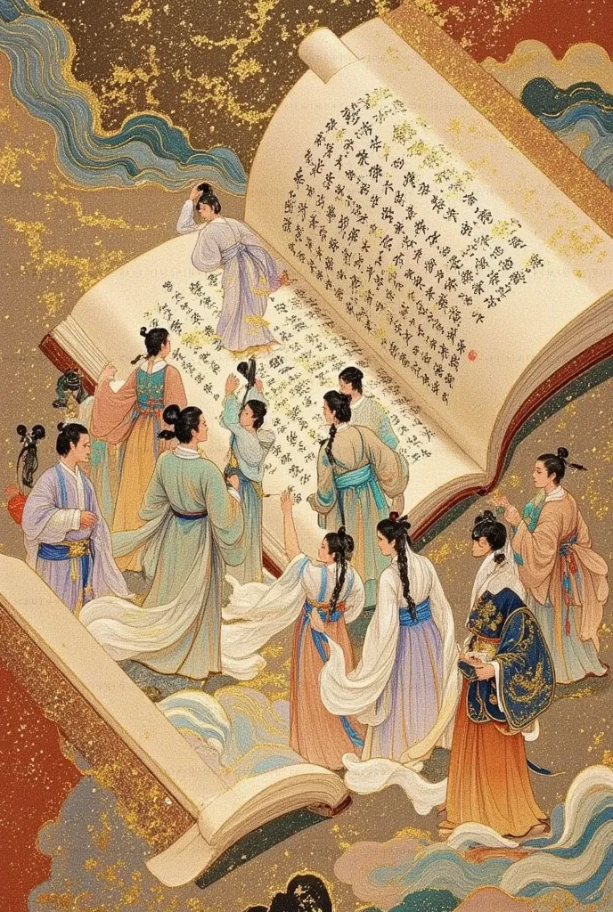 The picture shows a lot of people walking around in a book,  Ancient Chinese art style ,  inspired by Song Huizong , Confucius and Trial by Jury,  inspired by Fu Baoshi , Wearing a Chinese costume , Inspired by Chito, Chinese painting style, Inspired by Gu...