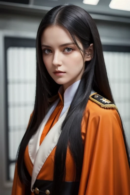  white girl with long black hair is wearing a military uniform,  Orange Cape , Big hazel eyes,  Science Fiction , Dark mood, 