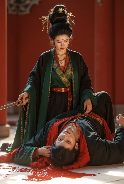 Very beautiful woman, woman 50-55 year old, woman very thick hair, Woman cut throat ninja, boy ninja, boy dead, woman stabs boy in the throat, Fresh blood flowed down in boy throat