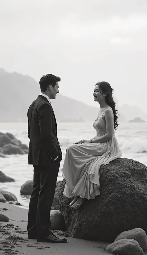 A vintage-style half-dark black and white image of a man admiring his wife who is happily sitting on a large rock on the beach. Realistic,  Very detailed image ,8k.