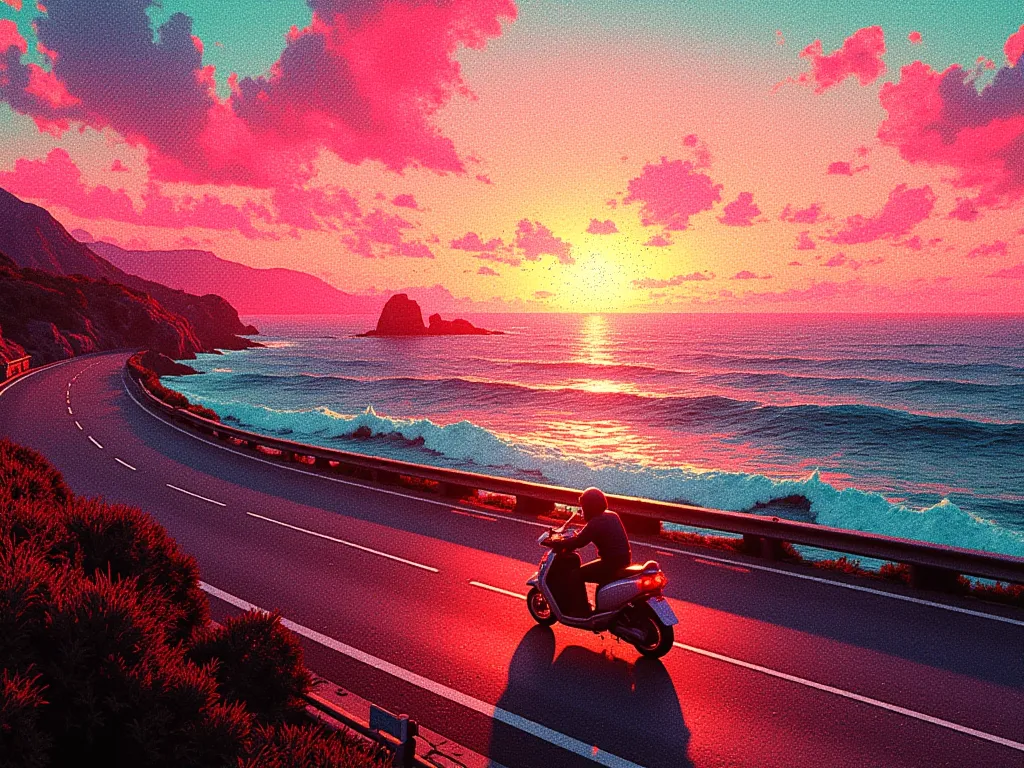 Synthwave style image of an ocean at sunset. the bottom half is a highway, where a scooter is passing through. the color is vividly displaying prominent neon-like pink, orange, and turquoise colors.