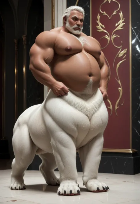 furry, huge fur taur,huge white beartaur, solo, 1man, Realistic style, detailed rough face, white hair, mature hair, human ears, detailed eyes, human eyes, pefect eyes, human nose, human lips, human mouth, white beard, thick full beard, thick human-like up...