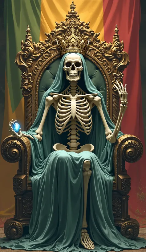 skeleton woman,whole body。Sit on a throne、Wearing the crown、Holding a scepter and a jewel。Myanmar flag in the background