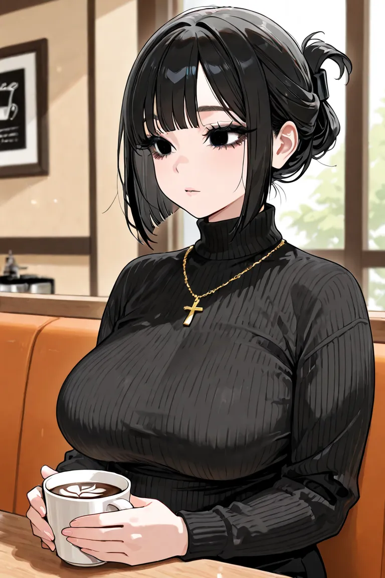 Asian woman with black eyes, Dark eyelashes, Black messy bob hairstyle, Wearing a black turtleneck sweater with a golden necklace with a cross, Moderate plump breasts, Sitting at a Café, Holding a cup of coffee in her hands