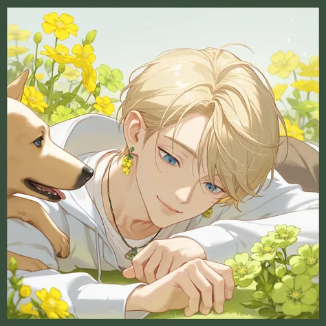 solo, smile, short hair, blonde hair, long sleeves, 1boy, swept bangs,bishounen,skinny,lips,portrait, jewelry, blue eyes, white shirt, male focus, earrings, lying, hood, necklace, border, on stomach, hooded jacket, dog, yellow flower, looking at animal, pe...