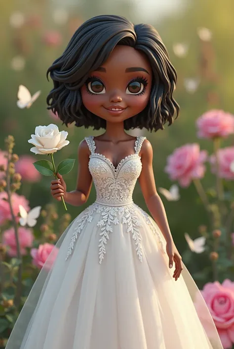 Create a funko pop with rendering style to be styled in 3D.a black woman with short black hair and black. dress model concentrates most of the lace applications on the bodice and the lower part of the skirt made of tulle, that has a light and full of movem...