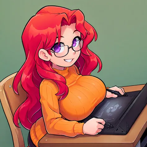 slender Caucasian girl with huge breasts, Perfect long wavy red hair with purple eyes, with a rough and sexy look . She only has an open orange cardigan sweater with glasses. She is sitting in her chair drawing on her graphics tablet, her PC and her desk, ...