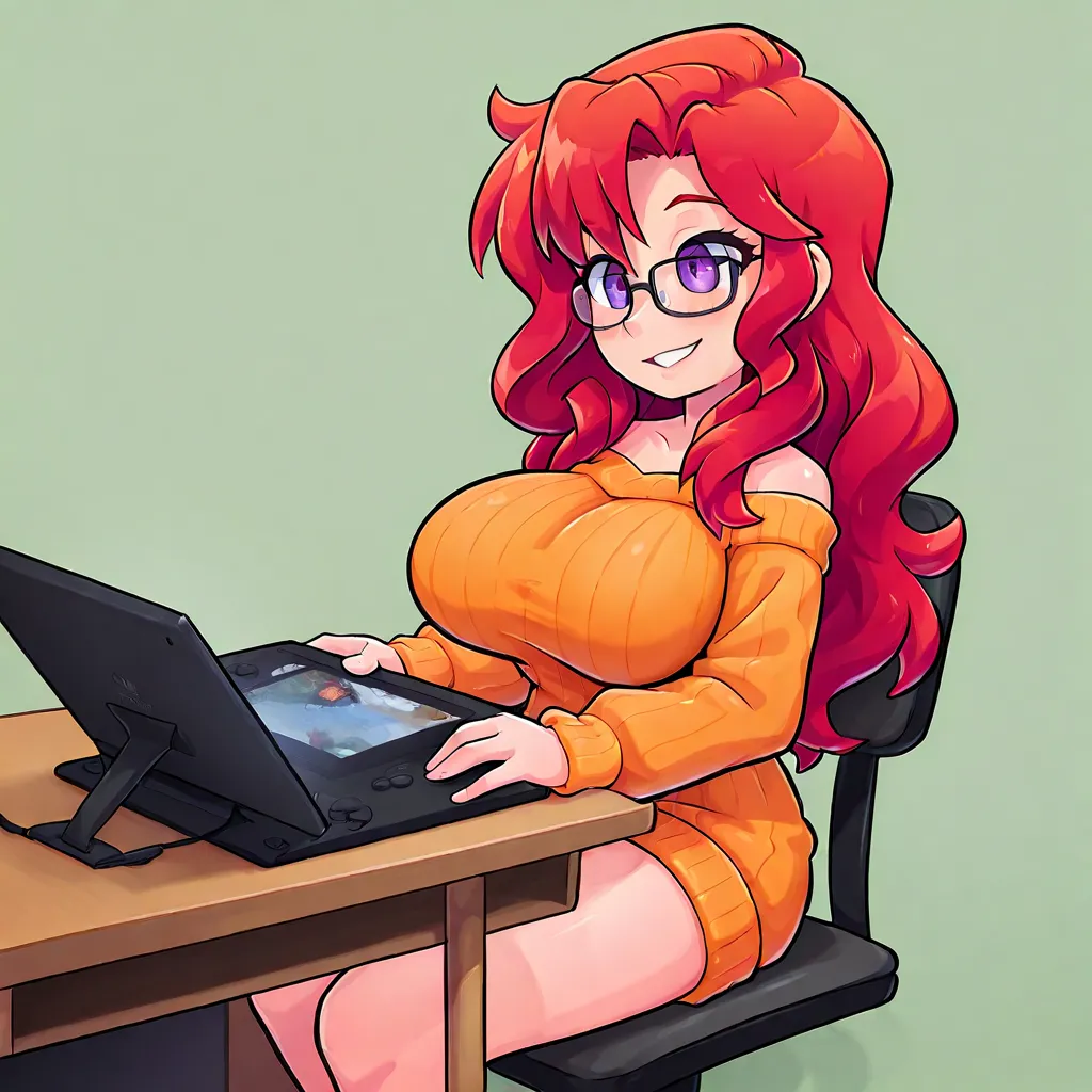 slender Caucasian girl with huge breasts, Perfect long wavy red hair with purple eyes, with a rough and sexy look . She only has an open orange cardigan sweater with glasses. She is sitting in her chair drawing on her graphics tablet, her PC and her desk, ...