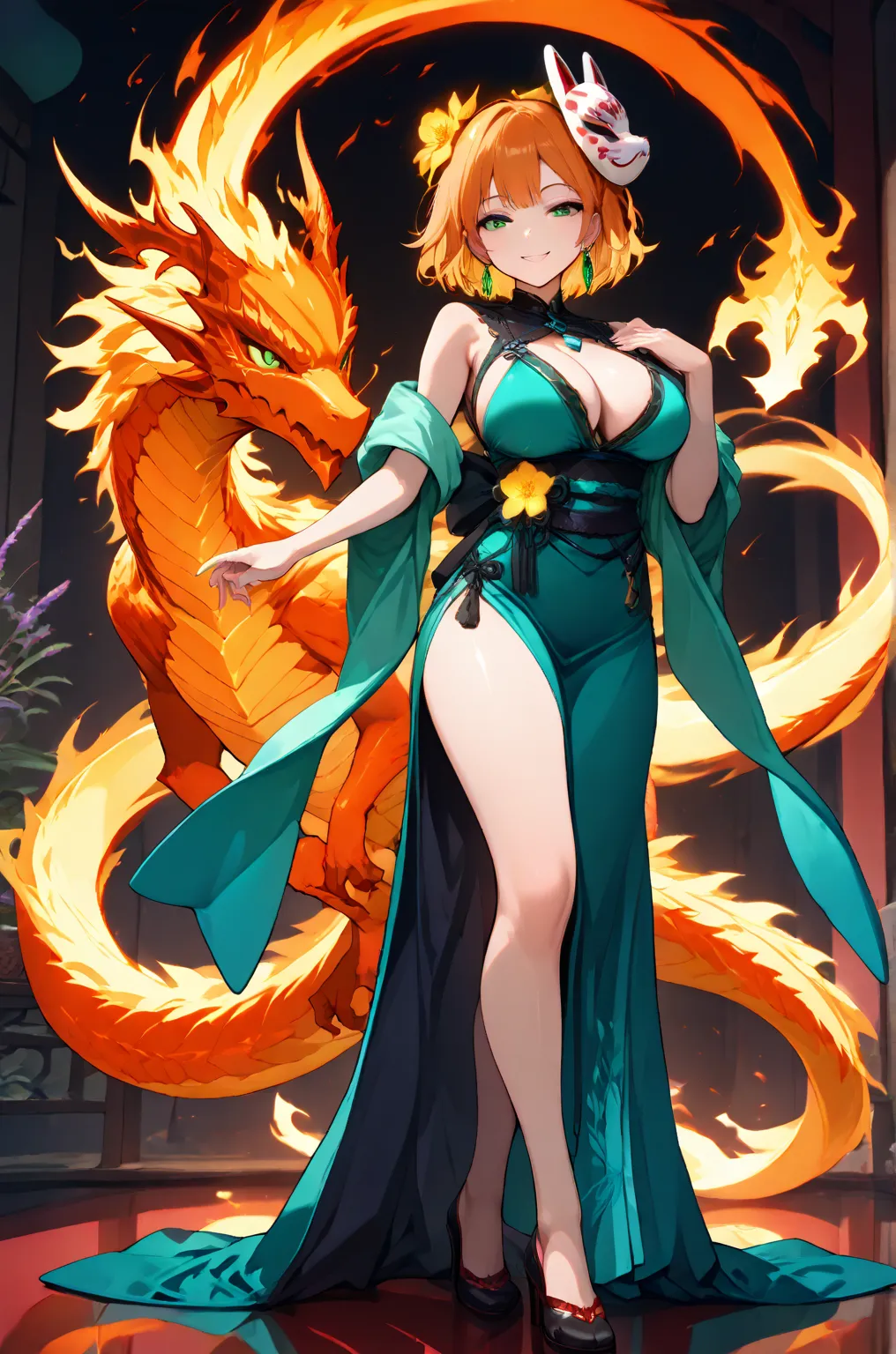  a girl, masterpiece,   breasts, big breasts,  Crystal earrings, Powers of Fire and Earth  , fox mask, Flower on the head, full body,  smile ,  Dragons on the back, green eyes , mischievous look,  orange hair , Short Hair 