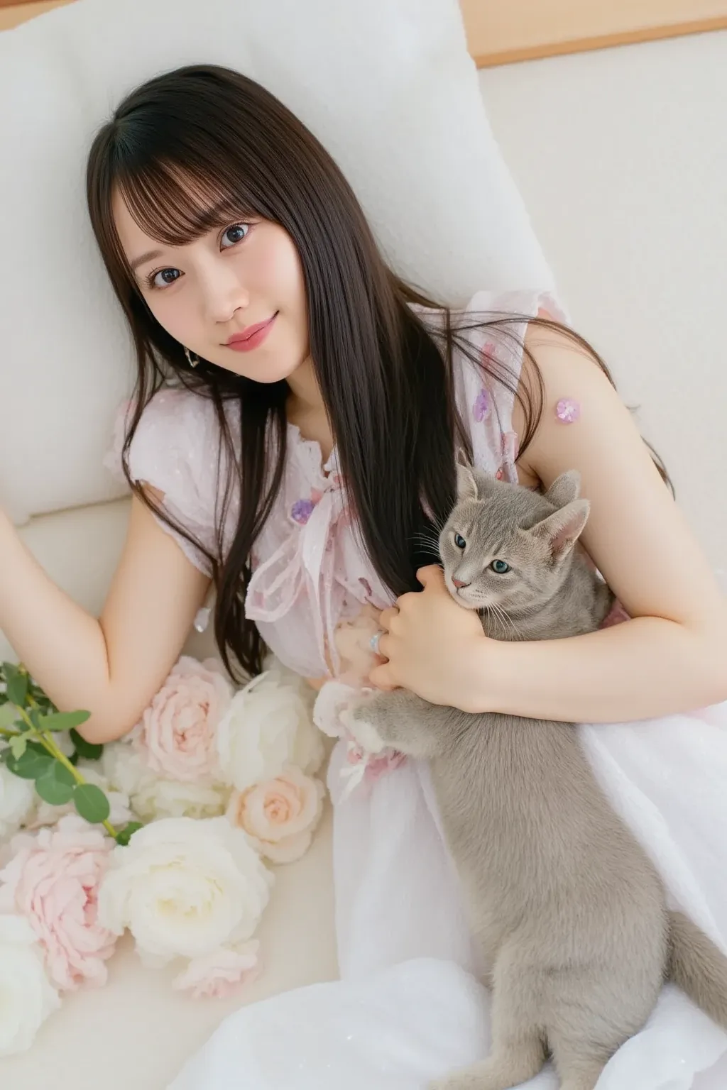 "A cute young woman with long, silky black hair lies on a fluffy white bed, hugging a gray tabby cat. The cat stretches lazily, while the woman smiles gently. Soft pillows and pastel-colored blankets surround them, creating a dreamy, relaxing atmosphere."
...